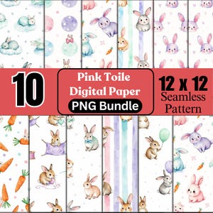 May include: A collection of ten digital papers with a seamless pattern, featuring watercolor illustrations of bunnies, carrots, and pastel backgrounds. The papers are 12 x 12 inches and are a PNG bundle. The text on the image says "Pink Toile Digital Paper PNG Bundle".