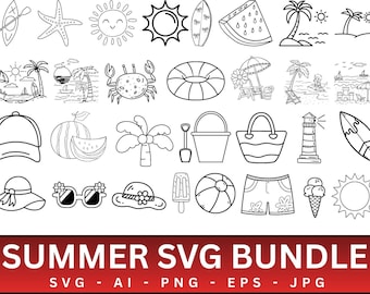 Pacchetto SVG costiero estivo, scarabocchi sulla spiaggia e sull'oceano (download digitale)