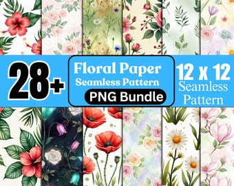 Watercolor Floral Seamless Paper Bundle: Shabby Chic, Cottagecore (PNG/JPG Digital Download)