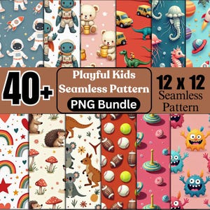 Puede incluir: Una colección de patrones digitales sin costuras coloridos para niños. Los patrones presentan varios temas, incluyendo astronautas, osos de peluche, dinosaurios y monstruos. La imagen incluye el texto "Playful Kids Seamless Pattern PNG Bundle" y "12 x 12 Seamless Pattern."