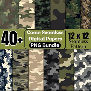 May include: A selection of digital papers showcasing diverse camouflage designs in green, brown, and grey tones. The image displays the text "40+ Como Seamless Digital Papers PNG Bundle" and "12 x 12 Seamless Pattern".