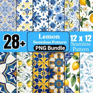May include: A digital art bundle with 28+ seamless patterns, lemon-themed. The patterns include floral designs, tile motifs, and watercolor illustrations in blue, yellow, and white. The image includes the text "Lemon Seamless Pattern PNG Bundle 12 x 12 Seamless Pattern."