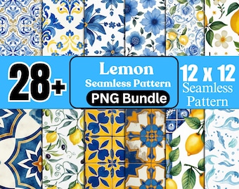 Watercolor Mediterranean Seamless Paper, Lemon, Tile, Floral Patterns, PNG Bundle, Digital Download