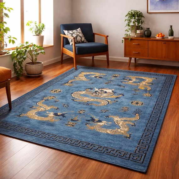 Blue Dragon Rug Hand Tufted Oriental Area Rug, Chinese Dragon Carpet, Luxury Wool Rug for Living Room Rug, Custom Size Available