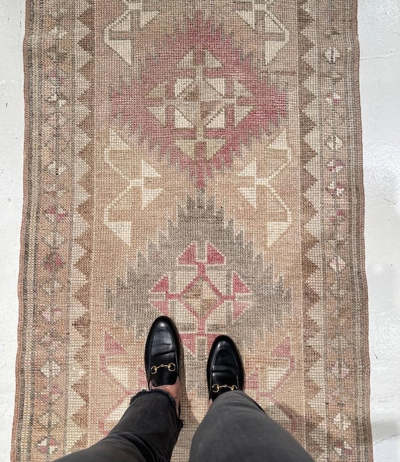 Vintage Oushak Runner Rug, Hand Knotted Wool Hallway Rug, Neutral Turkish Style Tribal Runner, Farmhouse Decor