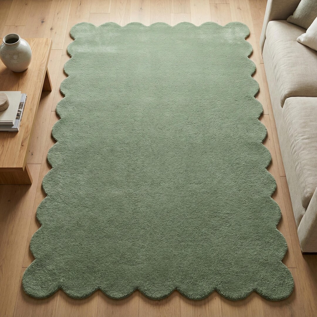 Solid Green Tufted Wool Rug, Modern Scalloped Minimalist Area Rugs - Etsy