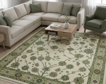 Ivory Sage Green Floral Oushak Wool Rug, Hand Knotted Botanical Low Pile Area Rug