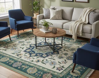 Off White Teal Green Floral Oushak Rug, Colorful Medallion Hand Knotted Wool Area Rug