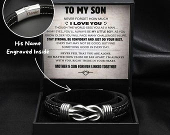 To My Son Bracelet, Infinity Knot Bracelet, Personalised Custom Bracelet, Engraved Name Bracelet, Leather Bracelet, Bracelet Gift Card