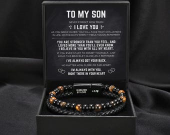 The Guardian Son&#39;s Tiger Eye Protection Bracelet, Personalised Custom Bracelet, Engraved Name Bracelet, Leather Bracelet, Bracelet Gift Card