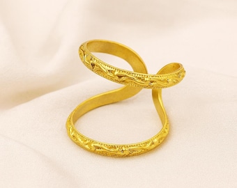 Gold Wrap Ring Adjustable Open Band, Vintage Floral Engraved Ring, Boho Statement Jewelry Gift for Her