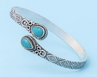Vintage silvermanschettarmband med turkosa stenar – Boho Tribal armband, handgjort justerbart smycke, present till kvinnor