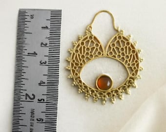 Boho Gold Statement Earrings with Amber Stone, Vintage Filigree Dangle Earrings, Tribal Ethnic Drop Jewelry, Handmade Gift for Her