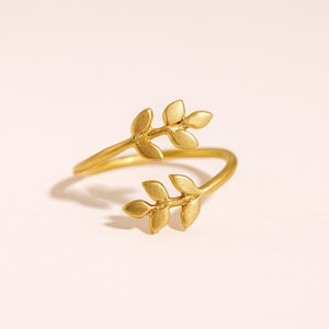 Adjustable Gold Leaf Ring | Handmade Nature Inspired Open Band Jewelry | Boho Botanical Ring for Women