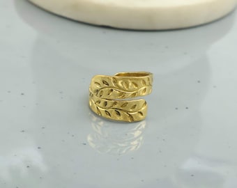 Gold Blatt Wickelring, verstellbarer Natur inspiriert Ring, Boho Schmuck, Vintage Messing Ring, botanische Ring, Geschenk für sie, Blatt Bandring