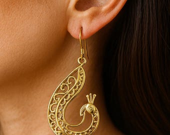 Pendientes colgantes de pavo real dorados – Joyería étnica bohemia, pendientes llamativos hechos a mano para mujer