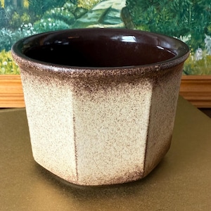 Könnte beinhalten: Ein Keramik-Pflanzgefäß mit geometrischem Design. Die Außenseite ist gesprenkelt beige, mit braunem Rand und Innenraum. Der Pflanztopf hat eine weite Öffnung und einen stabilen Boden, geeignet für verschiedene Pflanzen. Der Hintergrund zeigt ein Landschaftsgemälde.