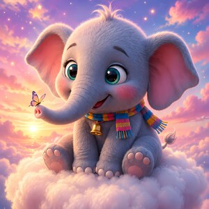 Cute Baby Elephant on Cloud Nursery Decor, Whimsical Moon and Stars Watercolor Digital Print, Kids Room Pastel Wall Art