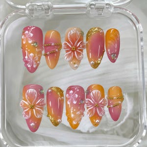 Pink Orange Ombre Press On Nails with 3D Flowers & Gold Foil | Handmade Summer Floral Nail Art Set | Reusable False Nails for Gift