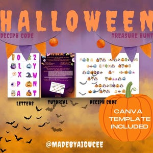 Puede incluir: Un producto digital con temática de Halloween con pancartas naranjas y moradas, una calabaza y siluetas de murciélagos. La imagen incluye la palabra "Halloween" en naranja, junto con "Deciph Code" y "Treasure Hunt". También presenta un aviso de "Canva Template Included".