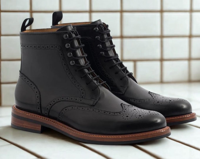Handmade Black Leather Wingtip Boots | Goodyear Welt Dress Boots