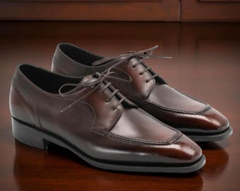 Handmade Brown Leather Apron Toe Derby Shoes: Men's Formal Dress Shoes