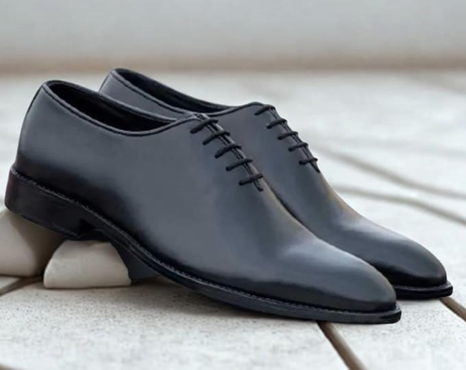 Handmade Black Whole cut Oxford Dress Shoes Premium Leather Formal Men’s Footwear, Elegant Lace Up, Wedding & Office Wear