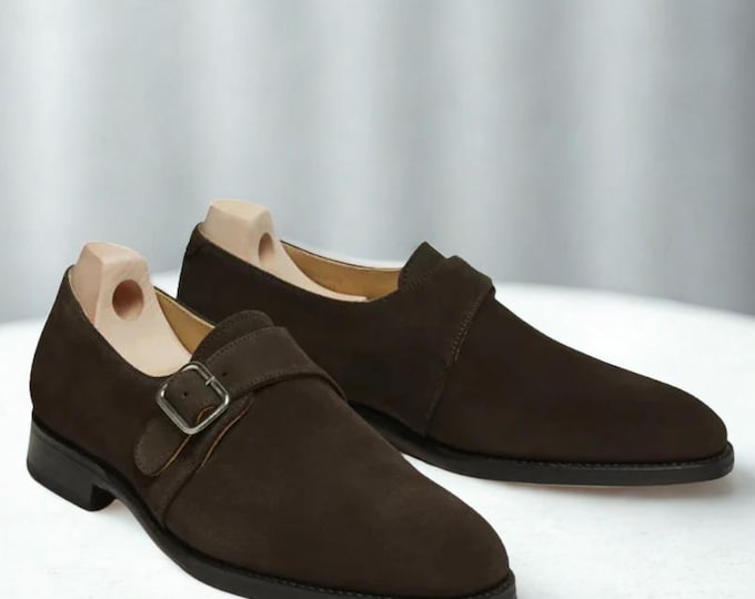 Handmade Brown Suede Monk Strap Shoes: Formal Leather Dress Shoes