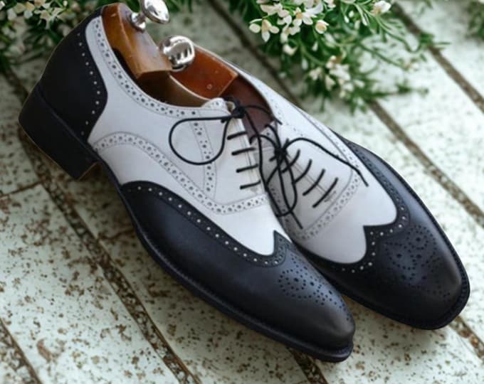 Black and White Leather Oxford Dress Shoes | Handmade Men's Leather Wingtip Shoes | Formal Brogues | Two Tone Wedding Shoes | SS Shoes Maker
