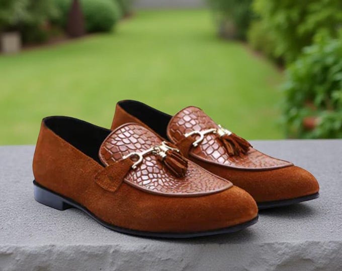 Handmade Brown Suede Leather Loafers: Crocodile Pattern Tassel Dress Shoes