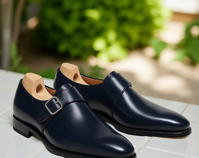 Handcrafted Navy Blue Leather Monk Strap Shoes: Classic Buckle Dress Shoes