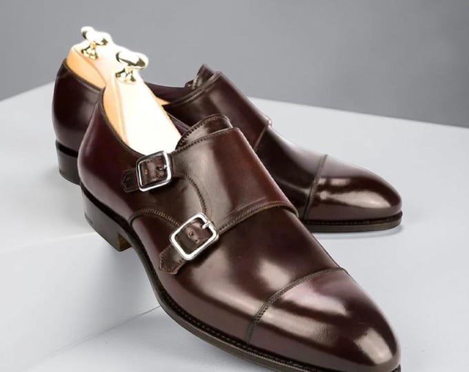 Handcrafted Brown Leather Double Monk Strap Dress Shoes: Formal Wedding Office Footwear