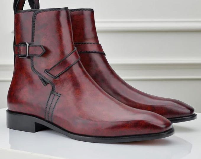 Handmade Burgundy Leather Ankle Boots: Pointed Toe Men's Dress Boots