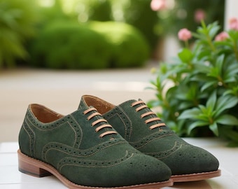 Handcrafted Green Suede Oxford Shoes: Wingtip Brogues, Natural Leather Sole