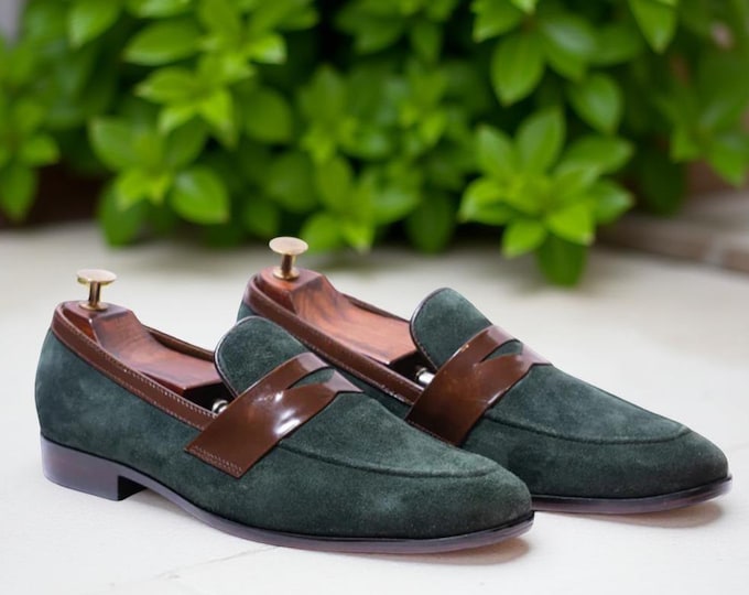 Handmade Green Suede Penny Loafers: Brown Leather Strap Dress Shoes