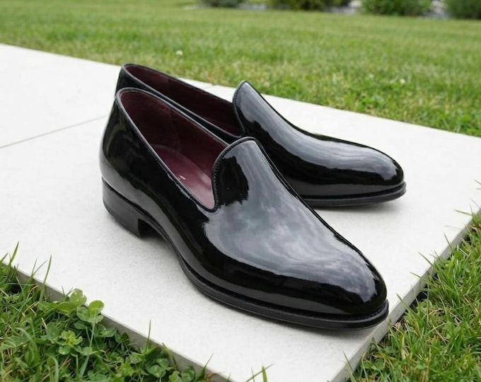 Black Patent Leather Loafers for Men, Handmade Formal Dress Shoes, Slip On Wedding Shoes, Tuxedo Shoes, Luxury Leather Footwear