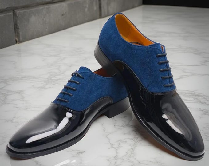 Handmade Blue Suede & Black Patent Leather Oxford Shoes: Men's Luxury Dress Shoes