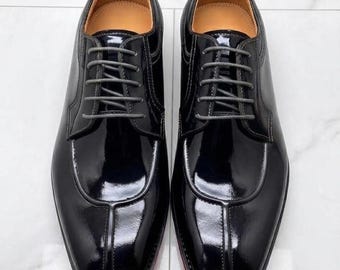 Black Patent Leather Dress Shoes for Men, Handmade Formal Lace Up Shoes, Cap Toe Oxford Style Wedding Shoes, Luxury Men’s Leather Shoes