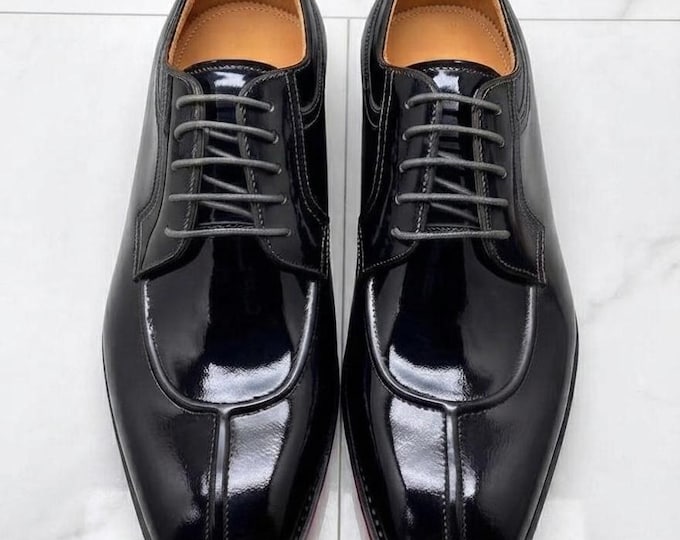 Black Patent Leather Dress Shoes for Men, Handmade Formal Lace Up Shoes, Cap Toe Oxford Style Wedding Shoes, Luxury Men’s Leather Shoes