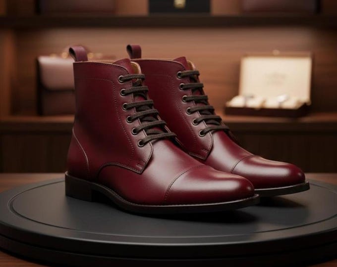 Handmade Red Leather Cap-Toe Ankle Boots: Men's Classic Lace-Up Style