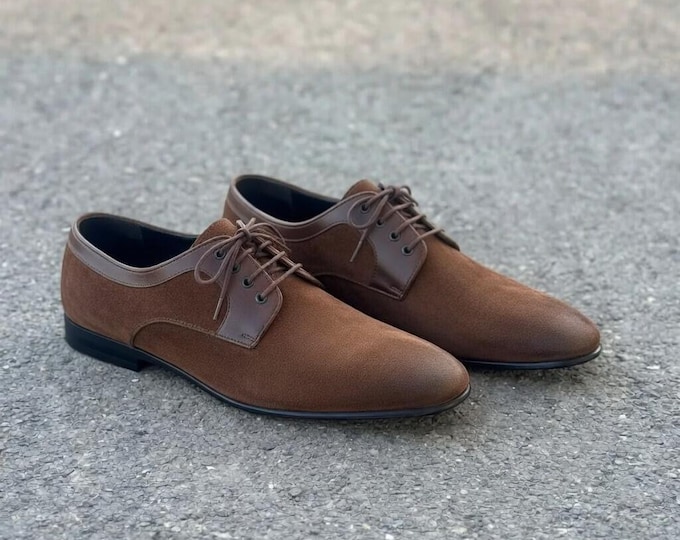 Handmade Brown Suede Derby Shoes – Men’s Classic Lace Up Oxford Footwear
