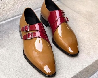 Men's Tan and Burgundy Monk Strap Shoes, Handmade Patent Leather Dress Shoes, Double Buckle Formal Oxfords, Luxury Wedding Shoes for Men