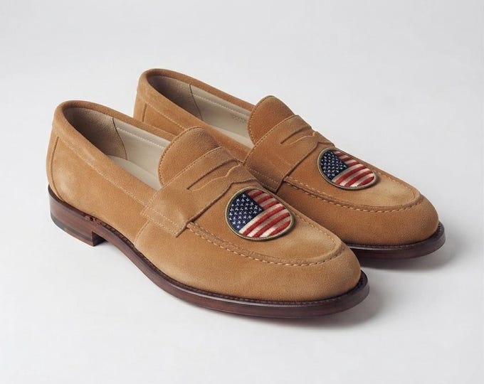 Men's Tan Suede Loafers, American Flag Shoes, Handmade Leather Penny Loafers, Patriotic Shoes, Custom Embroidery, Casual Dress Shoes