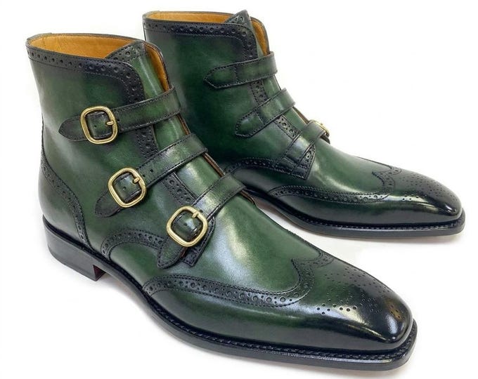 Men's Green Leather Monk Strap Boots, Handmade Wingtip Brogue Ankle Boots, Triple Buckle Dress Boots, Luxury Gothic Formal Footwear