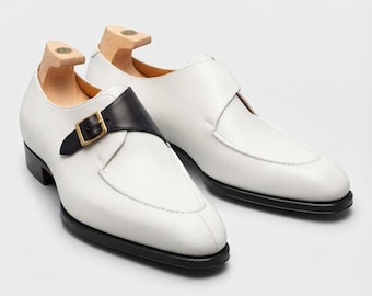 White Leather Monk Strap Loafers for Men, Handmade Dress Shoes, Black Buckle Formal Shoes, Wedding Shoes, Custom Leather Shoes