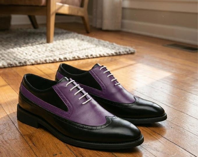 Handmade Black Purple Leather Oxford Brogue Shoes: Wingtip Dress Footwear