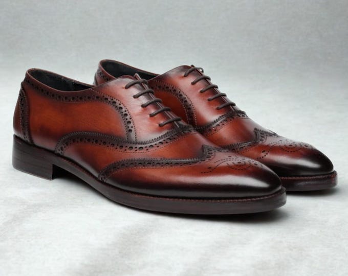 Handmade Brown Wingtip Oxford Shoes for Men – Genuine Leather Brogue Dress Shoes – Classic Formal & Wedding Footwear – SS Shoes Maker