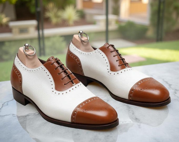 Handmade Two-Tone Oxford Shoes: Brown & White Leather Brogues