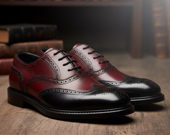 Handmade Black and Red Leather Wingtip Oxford Brogue Shoes