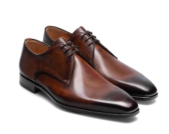 Handmade Brown Leather Derby Shoes: Patina Finish, Classic Lace-Up